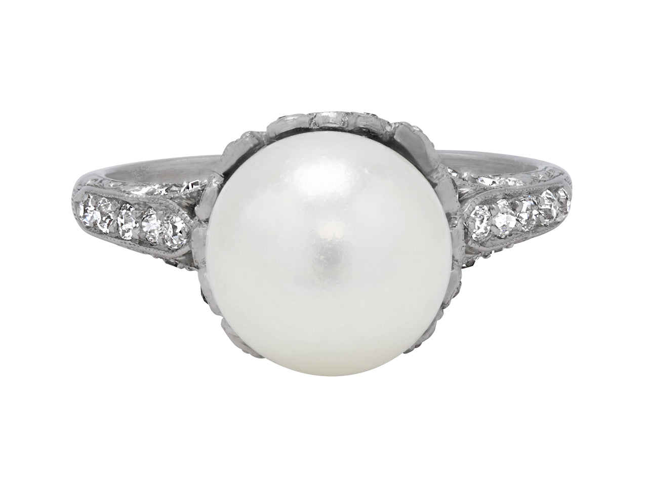 Mid-Century Pearl and Diamond Ring in Platinum
