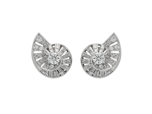 Mid-Century Diamond Swirl Earrings in Platinum and 18K White Gold