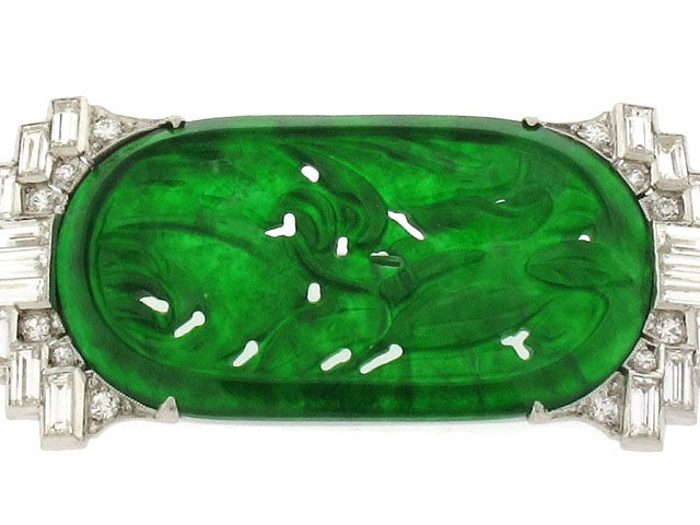 Art Deco Carved Jadeite and Diamond Brooch in Platinum