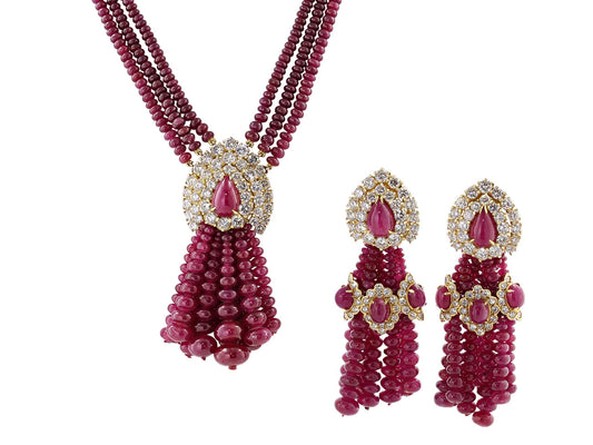 Ruby and Diamond Tassel Earrings and Necklace Set in 18K