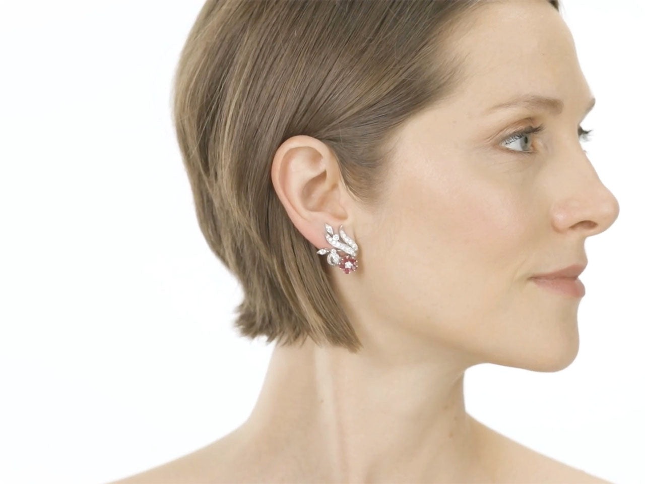 Mid-Century Ruby and Diamond Flower Earrings in Platinum