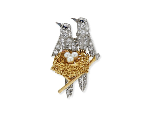Mid-Century Diamond, Pearl and Sapphire Bird's Nest Brooch in Platinum and 18K Gold