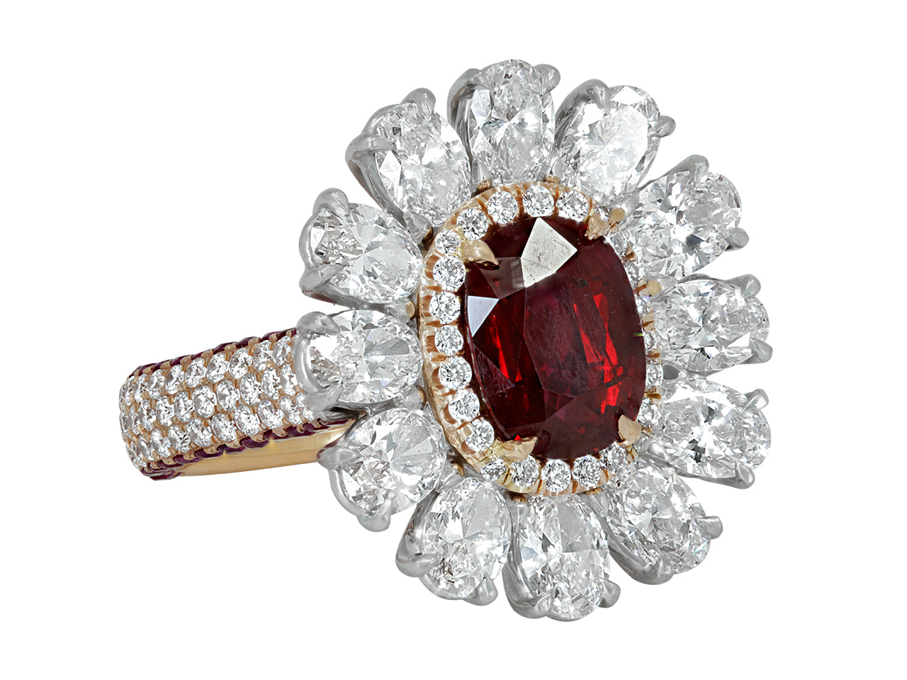 Natural Thai Ruby, 2.13 Carat, and Diamond Floral Ring in 18K