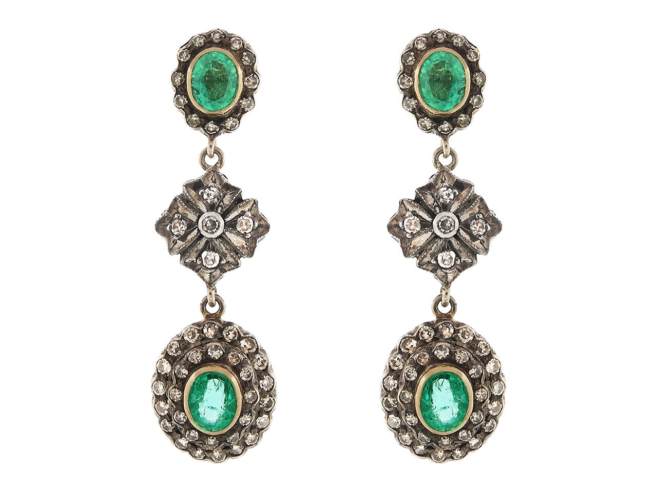 Emerald and Diamond Earrings in Silver over 18K Gold