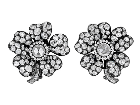 Diamond Flower Earrings in Blackened 18K Gold