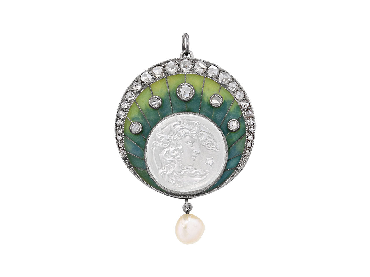 Art Nouveau Diamond and Pearl Pendant in Platinum