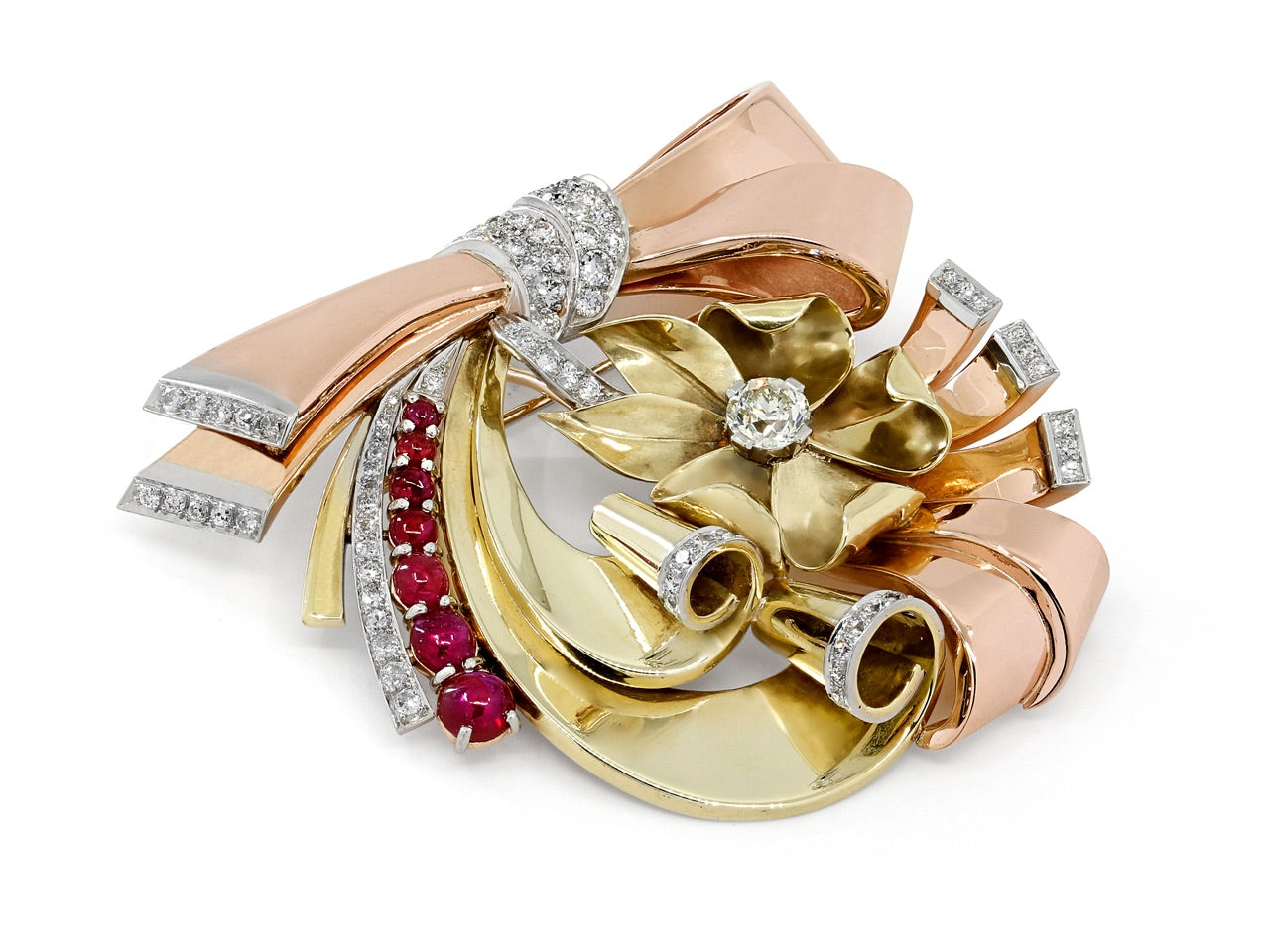 Retro Ruby and Diamond Brooch in 14K Yellow and Rose Gold