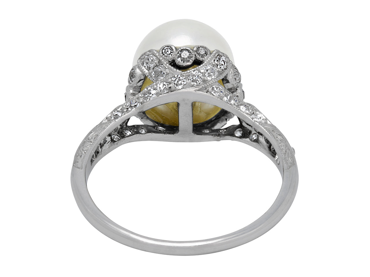 Mid-Century Pearl and Diamond Ring in Platinum
