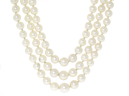 Mid-Century Triple Strand Cultured Pearl Necklace in 18K Gold
