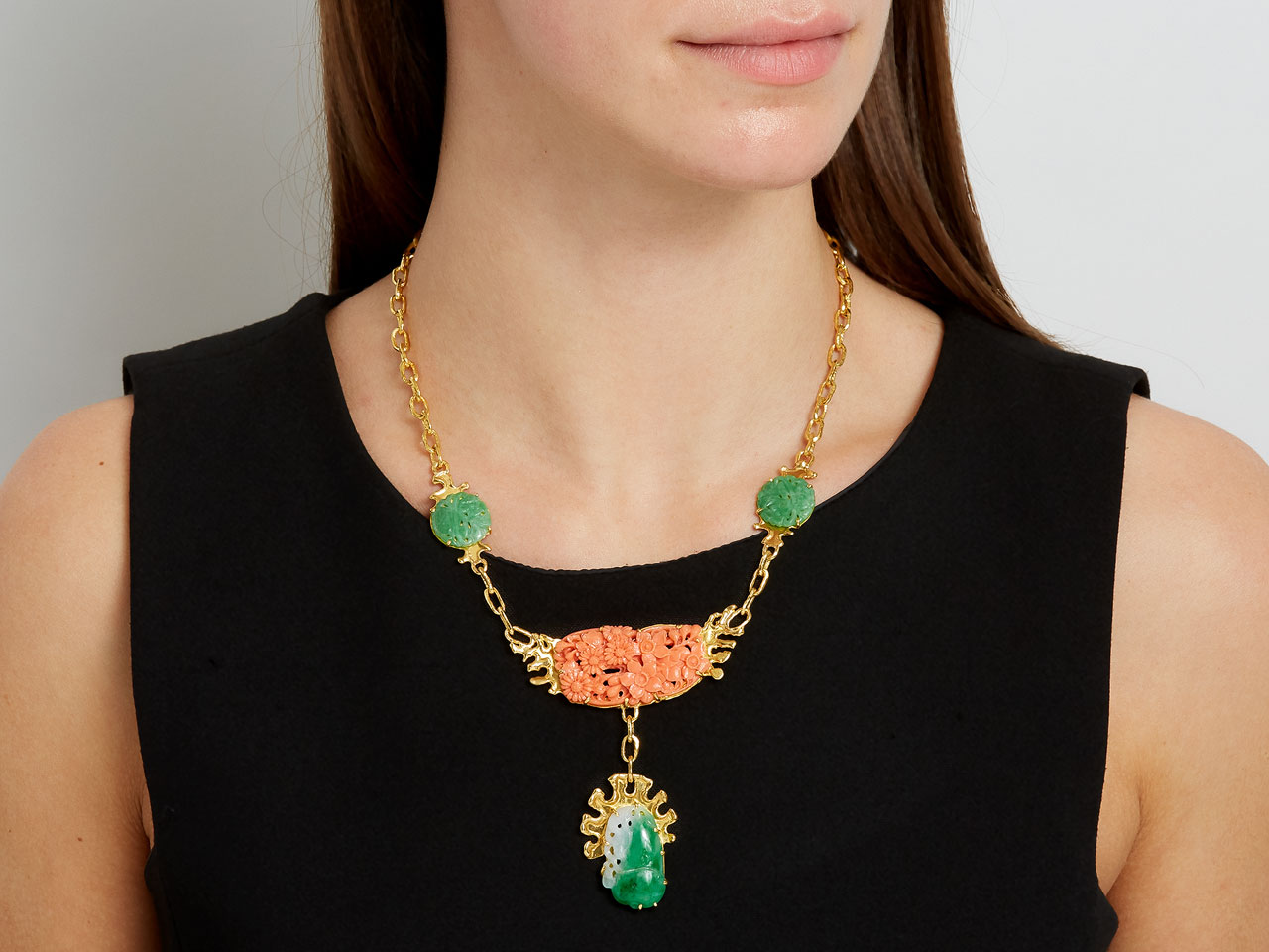 Jean Mahie Carved Coral and Jadeite Necklace in 22K Gold