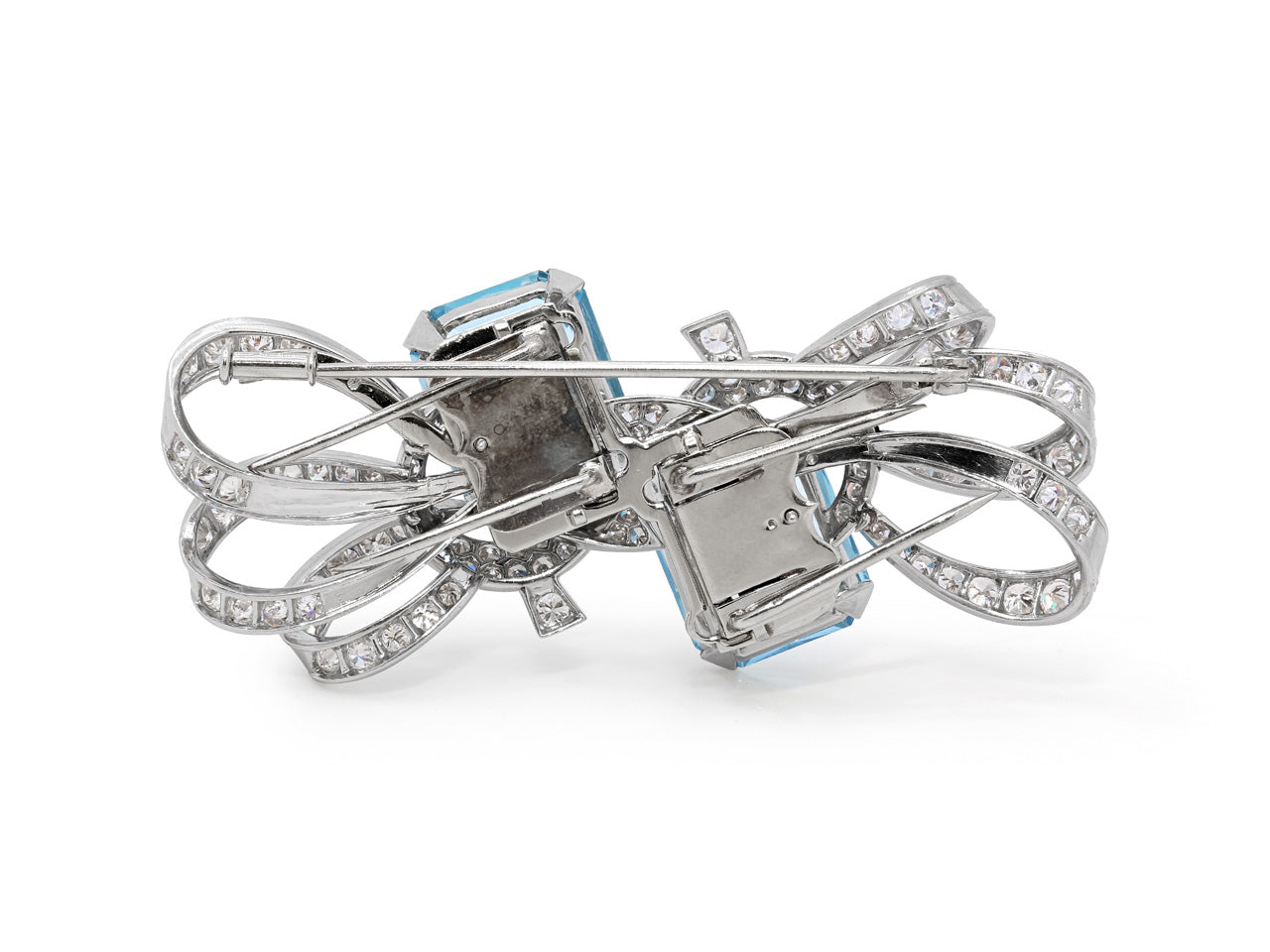 Retro Aquamarine Double Clip-Brooch in Platinum and 18K White Gold, French