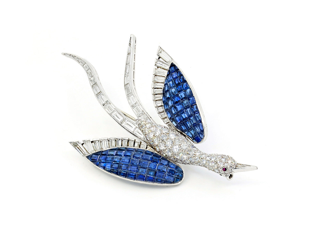 Mid-Century Invisibly-set Sapphire, Diamond and Platinum Bird Brooch, French