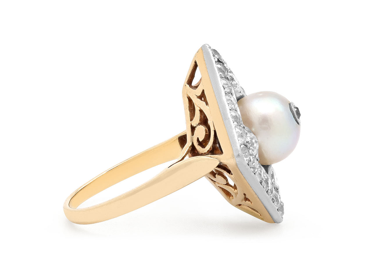 Antique Edwardian Cultured Pearl and Diamond Ring in 14K and Platinum