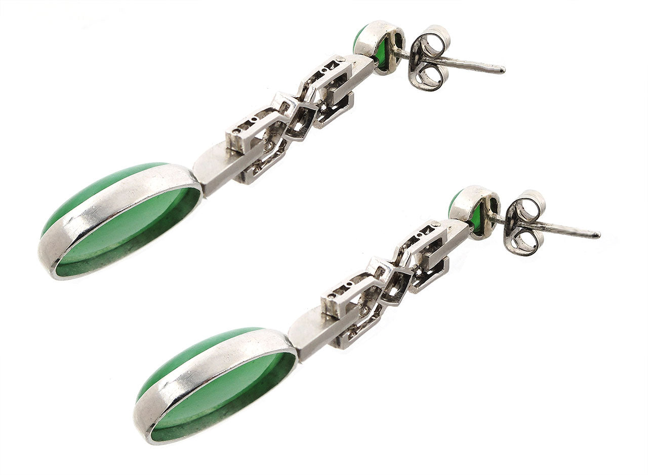 Art Deco Diamond and Jade Earrings in Platinum