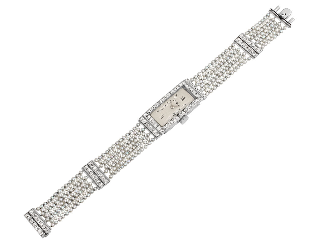 Art Deco Diamond and Natural Seed Pearl Watch in Platinum