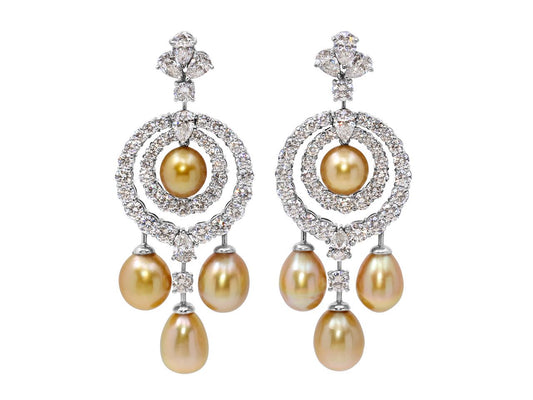 Golden South Sea Pearl and Diamond Drop Earrings in 18K White Gold