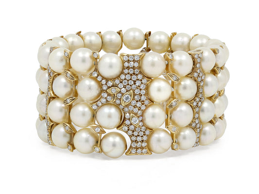 Four Row Pearl Bracelet with Diamonds in 18K Gold