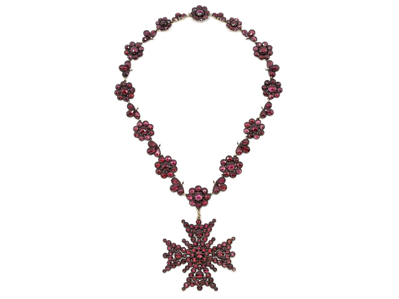 Antique Georgian Foiled Garnet Necklace with Detachable Cross in 14K Gold
