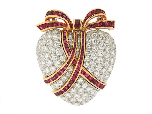 Oscar Heyman Diamond and Ruby Heart Brooch Pendant in Platinum and 18K