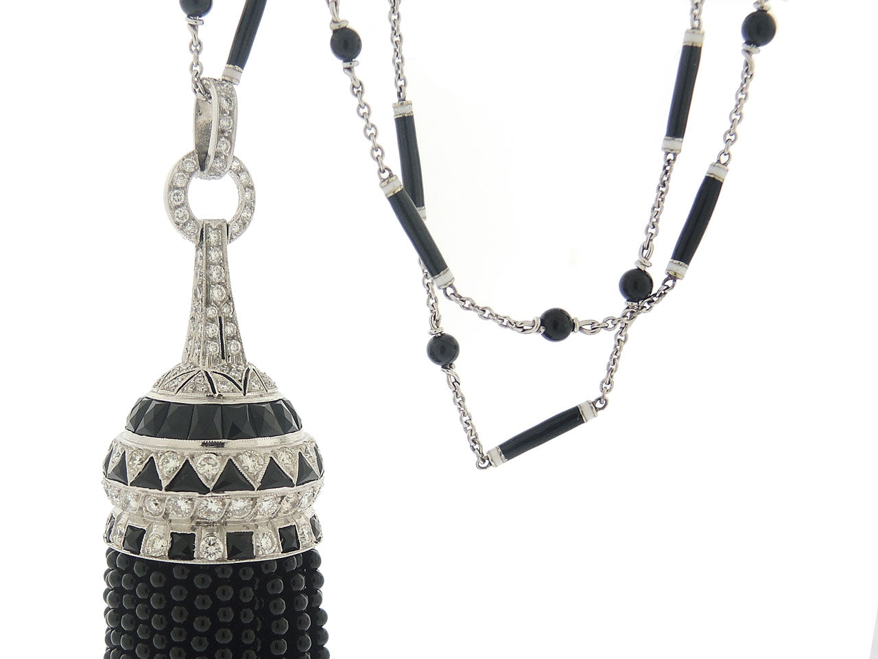 Black Onyx and White Enamel Diamond Tassel Necklace in 18K