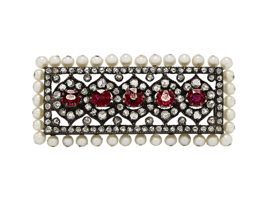 Antique Victorian Spinel, Pearl and Diamond Brooch in Silver over Gold