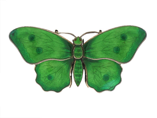 Antique Child & Child Green Enamel Butterfly Brooch in Sterling Silver