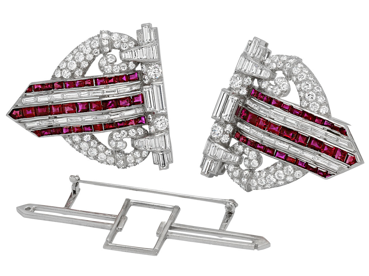 Art Deco Ruby and Diamond Double Clip Brooch in Platinum