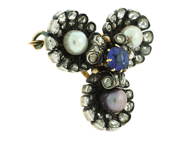 Antique Victorian Sapphire, Diamond and Pearl Brooch