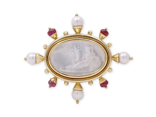 Elizabeth Locke Venetian Glass, Pearl and Ruby Intaglio Brooch in 18K Gold