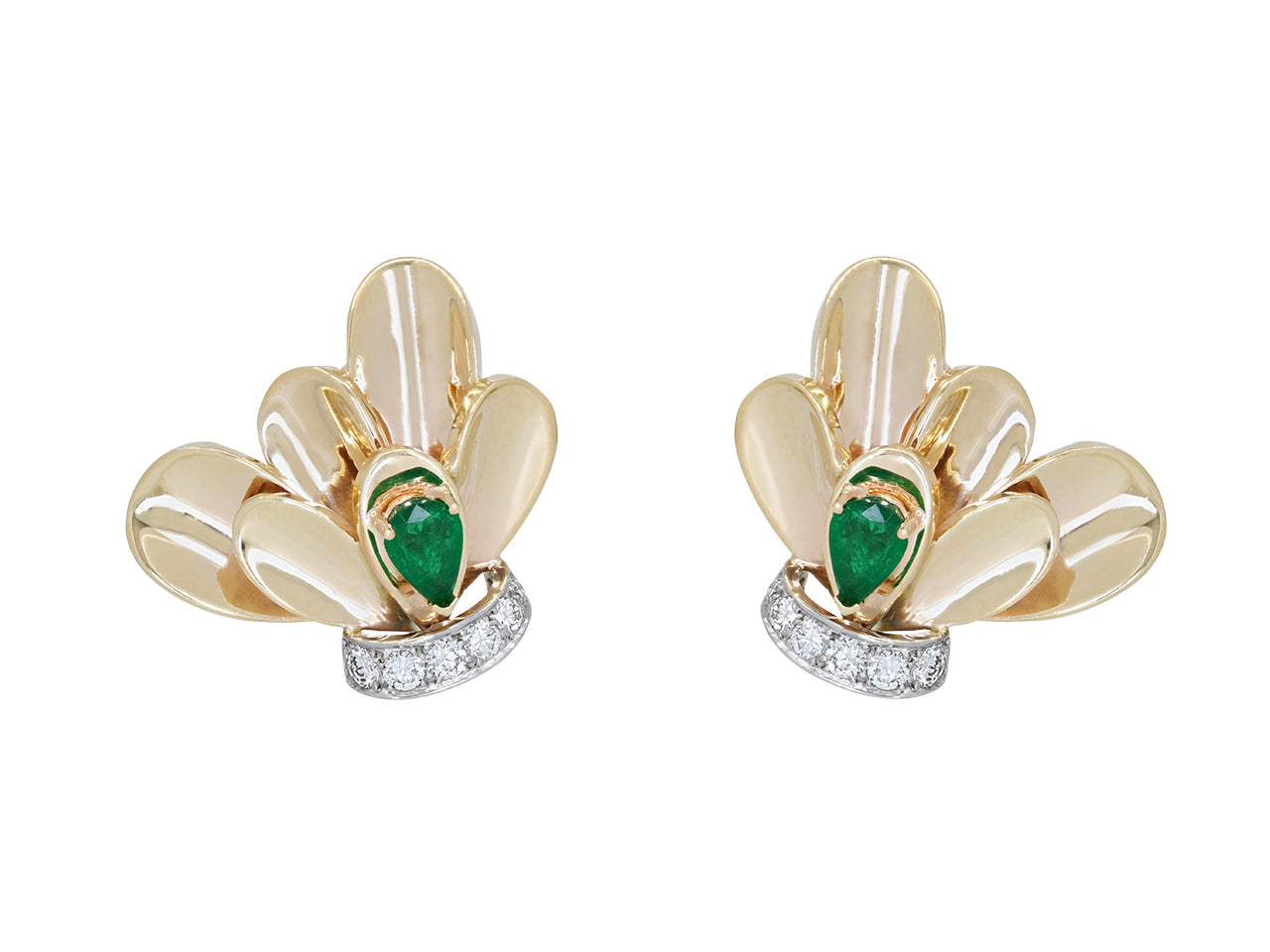 Limoges Emerald and Diamond Earclips in 14K Gold