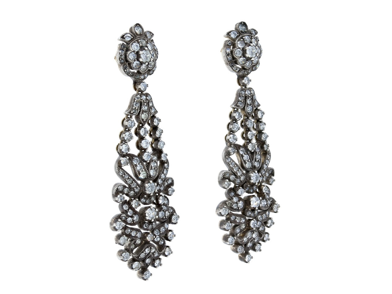 Antique-Style Diamond Chandelier Earrings in Silver over Gold