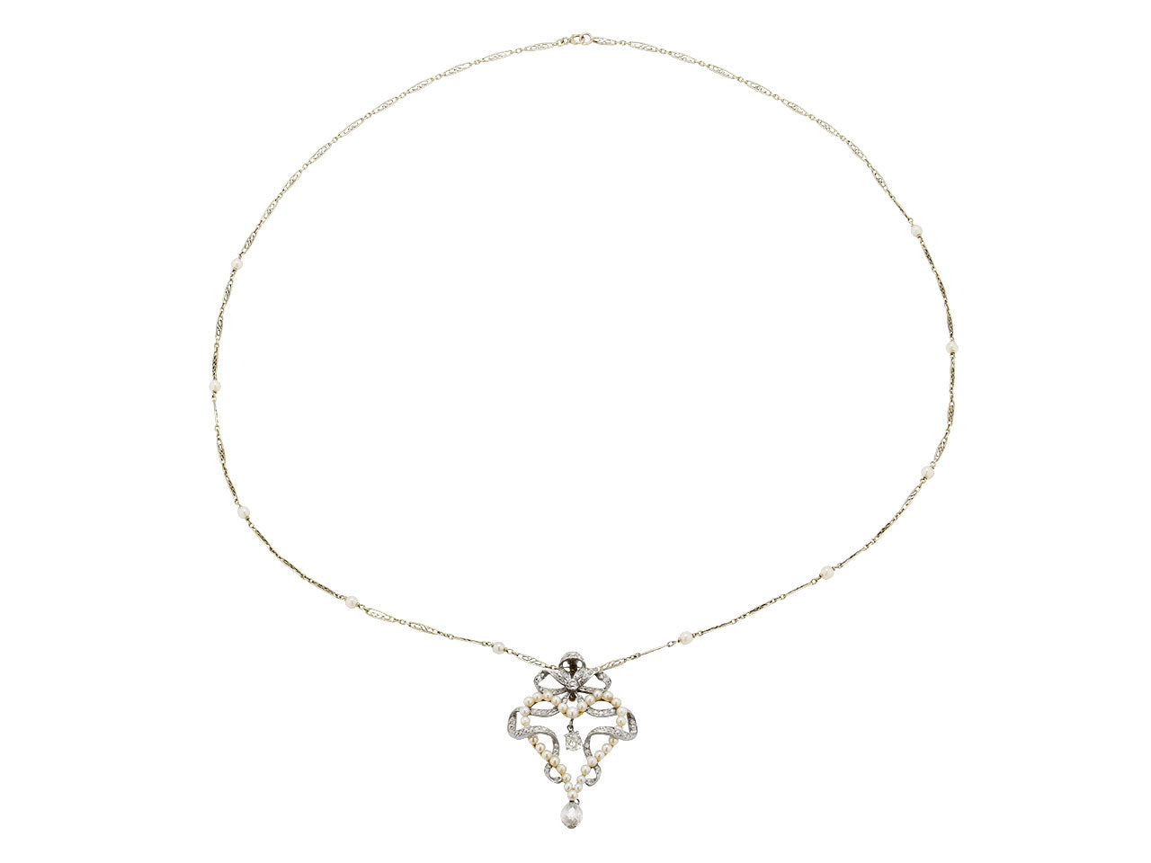 Antique Belle Époque Diamond and Pearl Pendant in Platinum over Gold