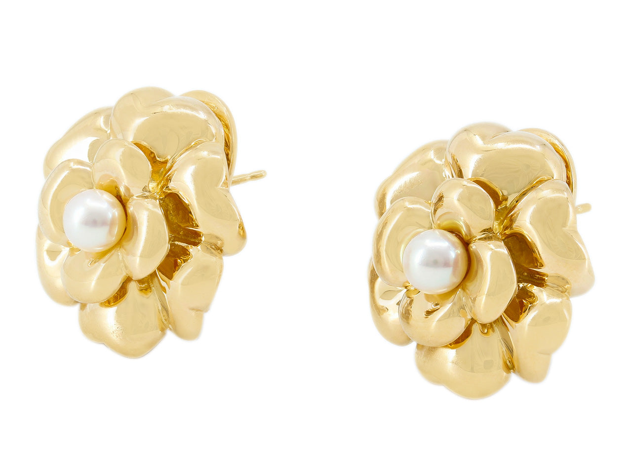 Chanel No 5 Style Enameled Camellia Flower and Pearl Earrings