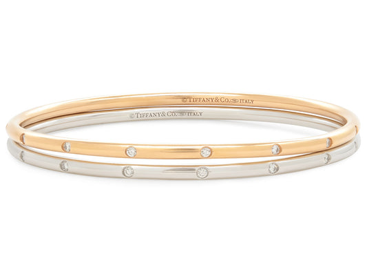 Pair of Tiffany & Co. 'Bezet' Diamond Bracelets in 18K Rose and White Gold
