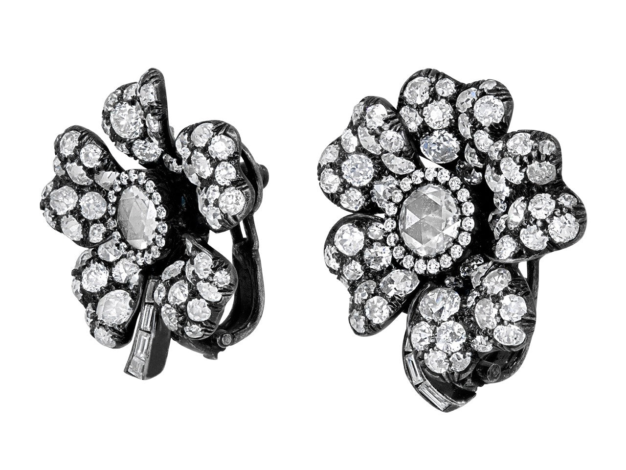 Diamond Flower Earrings in Blackened 18K Gold