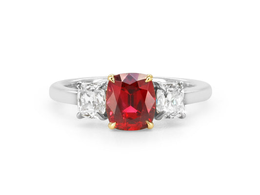 Beladora 'Bespoke' Three Stone Red Spinel and Diamond Ring, in Platinum