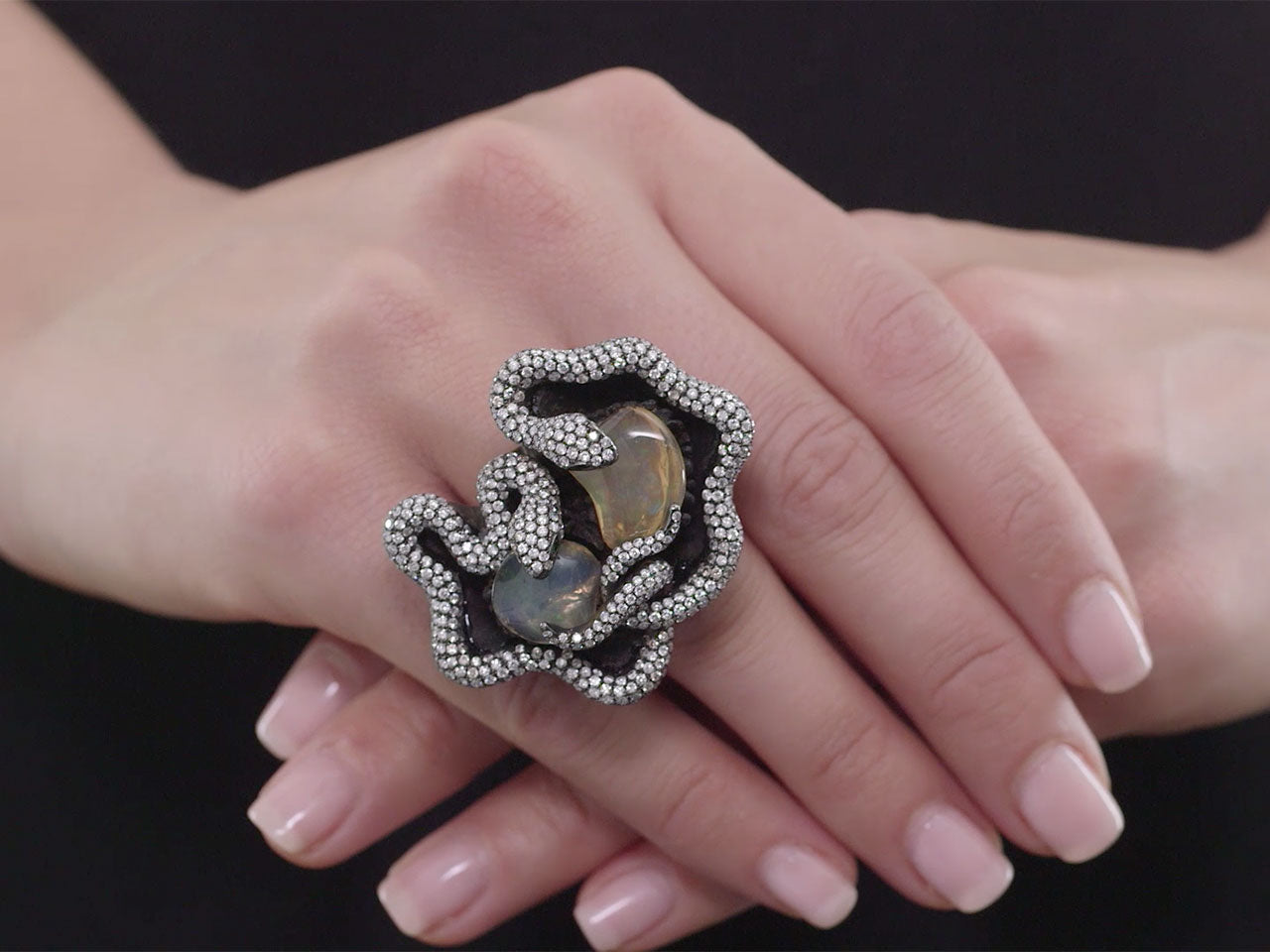 Dramatic Ebony Snake Ring with Mexican Opals and Diamonds in 18K