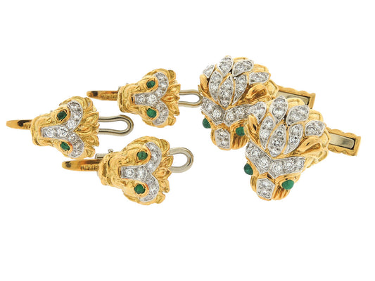 David Webb Diamond and Emerald Cufflinks and Stud Dress Set in 18K Gold