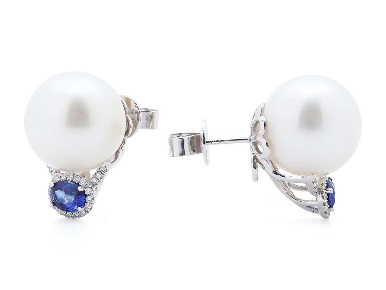 Pearl, Sapphire and Diamond Earrings in 18K White Gold