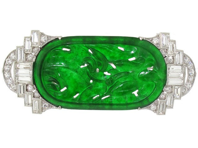 Art Deco Carved Jadeite and Diamond Brooch in Platinum