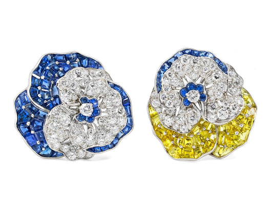 Pair of Oscar Heyman Sapphire and Diamond Pansy Brooches in Platinum