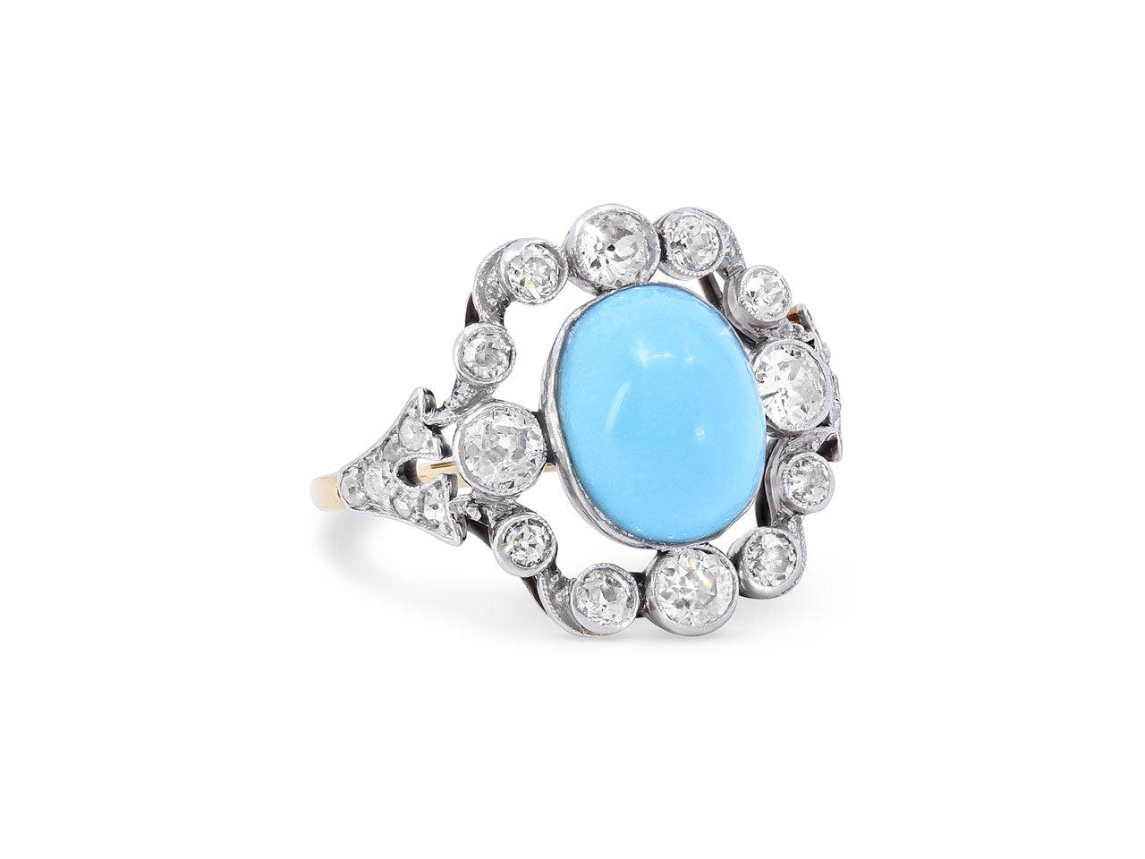 Antique Edwardian Turquoise and Diamond Ring in Platinum and 18K Gold