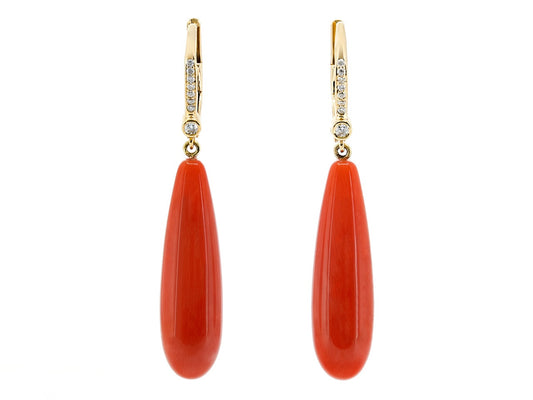 Beladora 'Bespoke' Red Coral and Diamond Dangle Earrings in 18K Gold