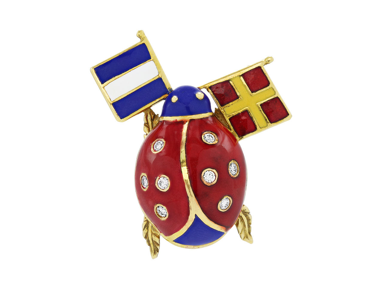 Diamond and Enameled Ladybug Brooch with Flags in 18K Gold
