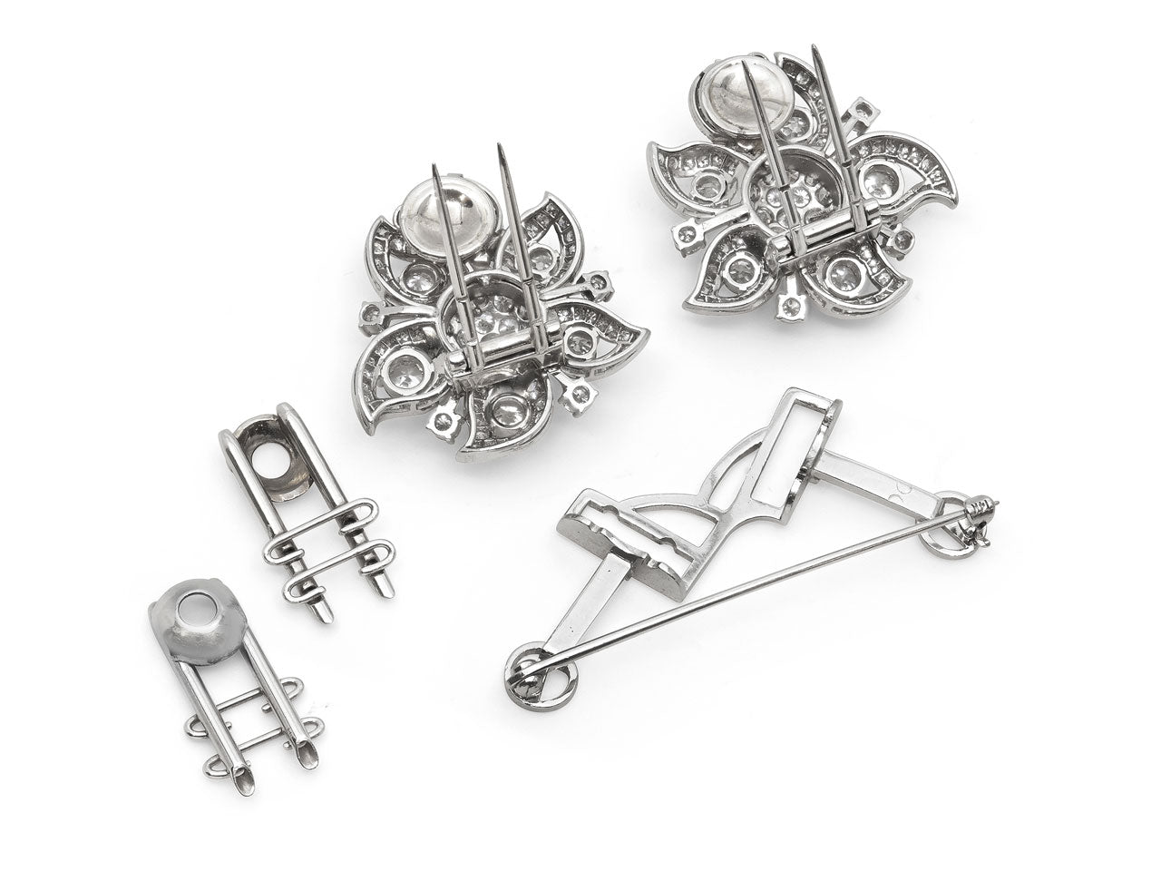 Mid-Century Floral Diamond Earrings / Brooch in Platinum