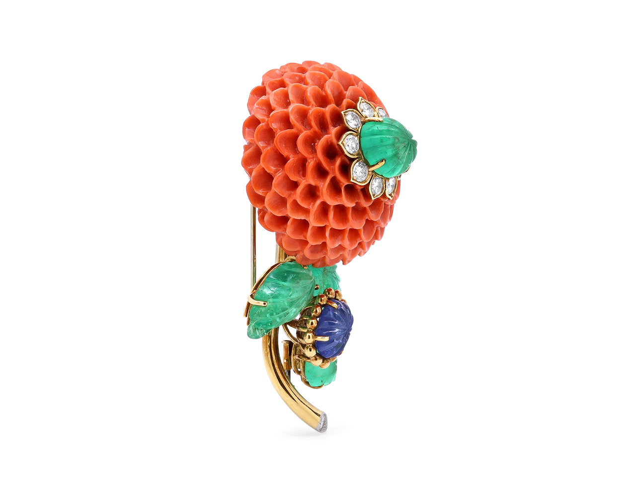 David Webb Carved Coral, Emerald, Sapphire and Diamond Flower Brooch in 18K Gold