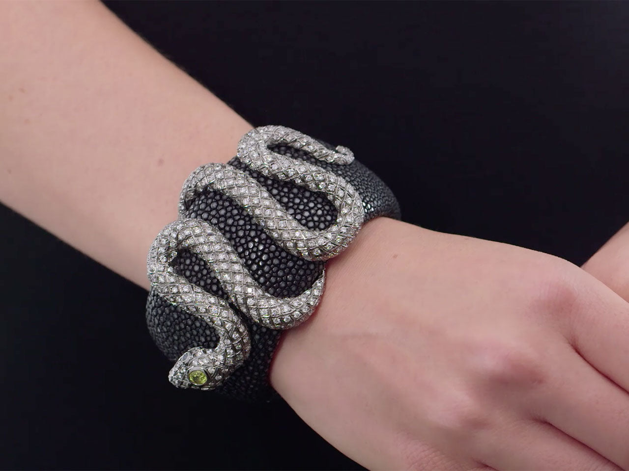 Diamond Snake Leather Cuff Bracelet in 18K