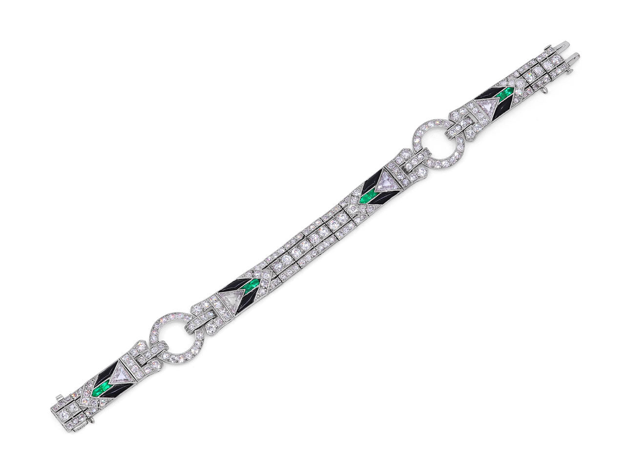 Art Deco Diamond Emerald and Onyx Bracelet in Platinum