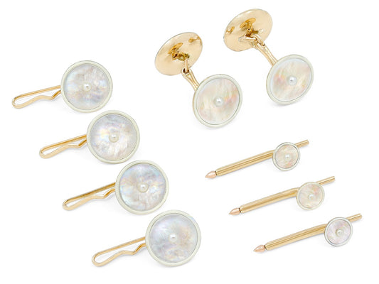 Mother-of-Pearl and White Enamel Men's Dress Set in 14K Gold