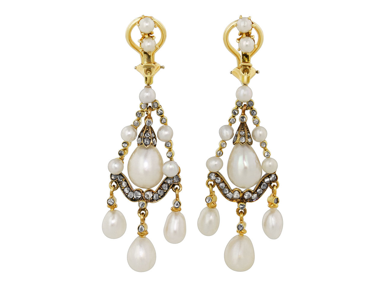 Antique Victorian Natural Pearl, Cultured Pearl and Diamond Earrings in Silver and Gold